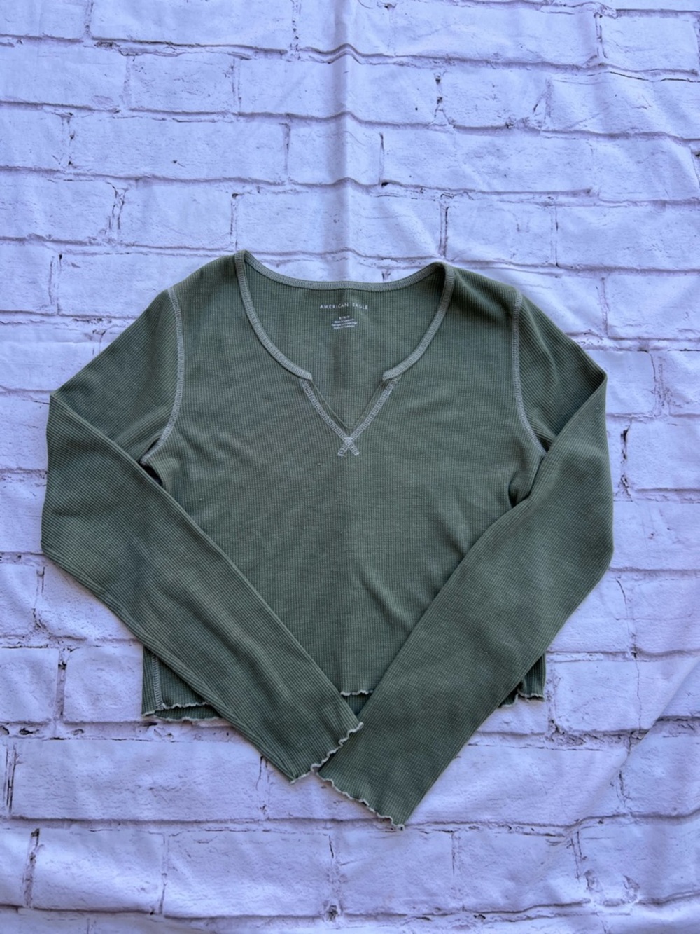 American Eagle Outfitters Olive Ribbed V-Neck Long Sleeve Top